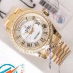 Perfect Replica Rolex Day Date White Diamond Dial Yellow Gold Diamond Bezel Oyster 41mm Watch